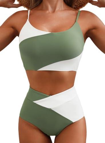 Herseas Women 2 Piece High Waisted Bikini Sets Color Block Popular Swimsuit 2026 Summer Beach Best Bathing Suits L