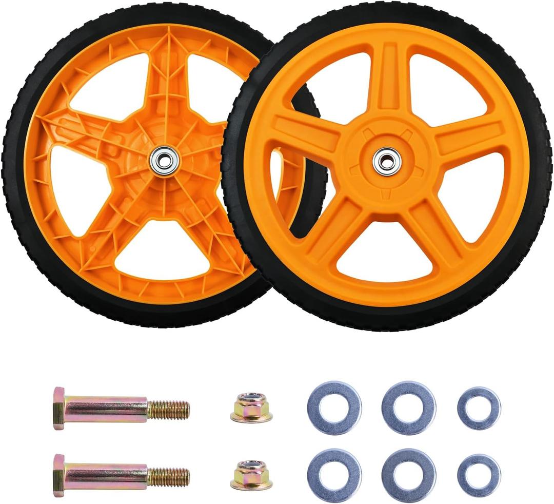Lawn Mower Wheels, 14 inch Push Mower Plastic Wheels with Bolts & Nuts Fits Most Standard Lawn Mower Cart(2 Pack) , Orange