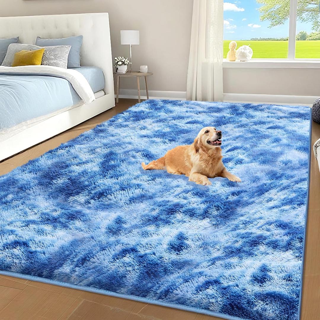 Shag Area Rug for Bedroom, 4x6 Tie-Dyed Blue Fluffy Shaggy Rugs for Living Room Boys Kids Nursery, Ultra Soft Comfy, Fuzzy Plush Carpet for Girls Teen Dorm Home Decor, Upgrade Non-Slip