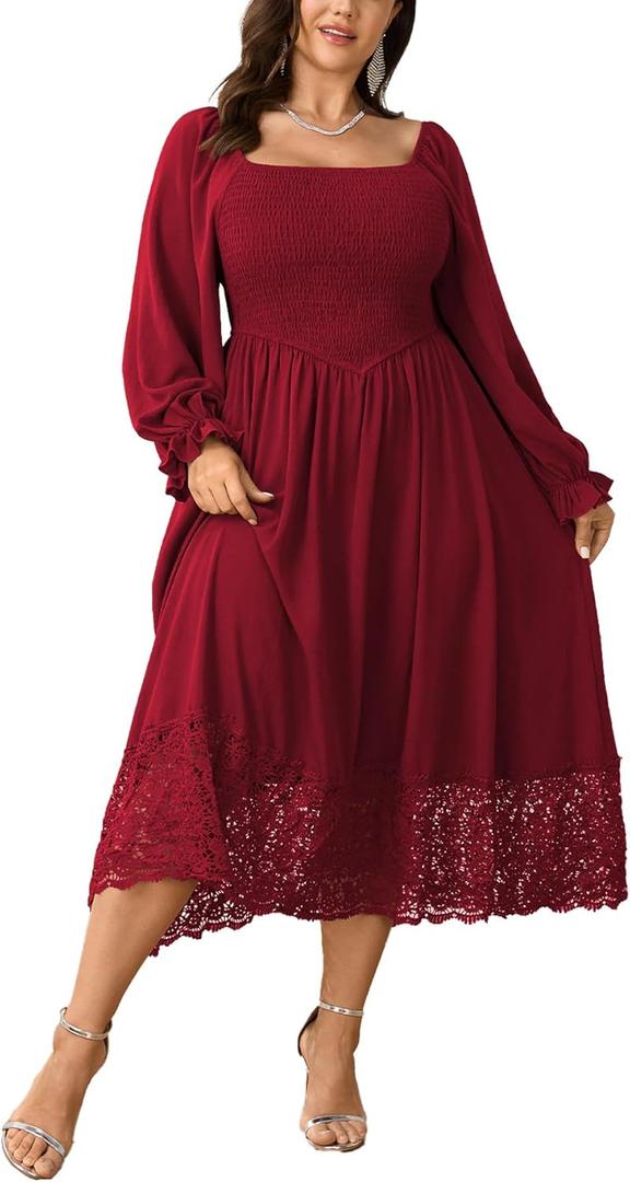 SHESTARR Women's Plus Size Maxi Dress Long Sleeve Square Neck Smocked Flowy A-Line Lace Trim Wedding Guest Dresses (Red) XL