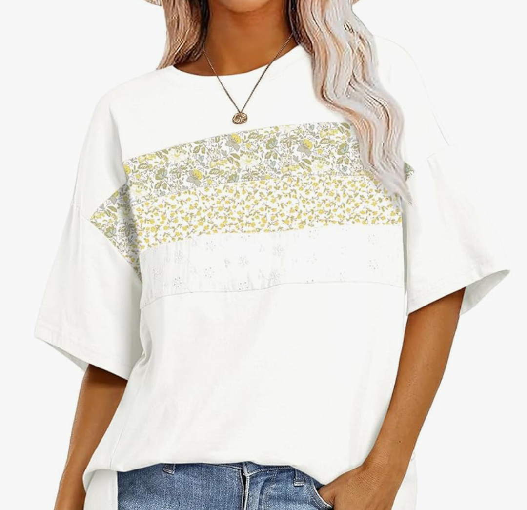 EVALESS Oversized Tshirts for Women Trendy Summer Crochet Tops 2025 Crewneck Short Sleeve Shirts Floral Print Tee T Shirts, Size: M