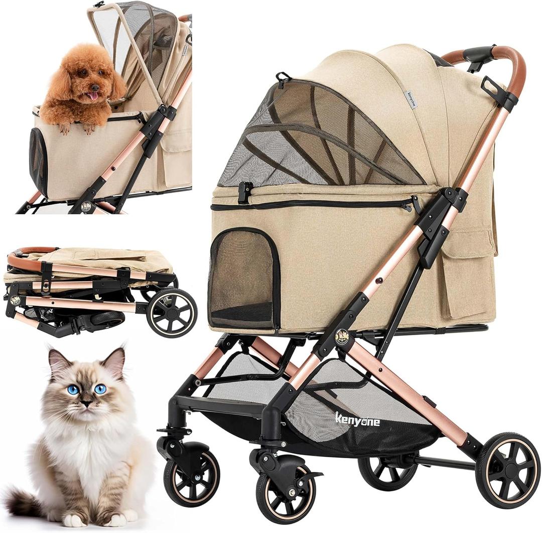 Medium Dog Stroller, Kenyone Pet Stroller for Medium Dogs Up to 55lbs, Lightweight Aluminum Frame, One Click Folding, Large Cat Stroller with No Zip Entry, Detachable Mesh, Multiple Pockets (Khaki)