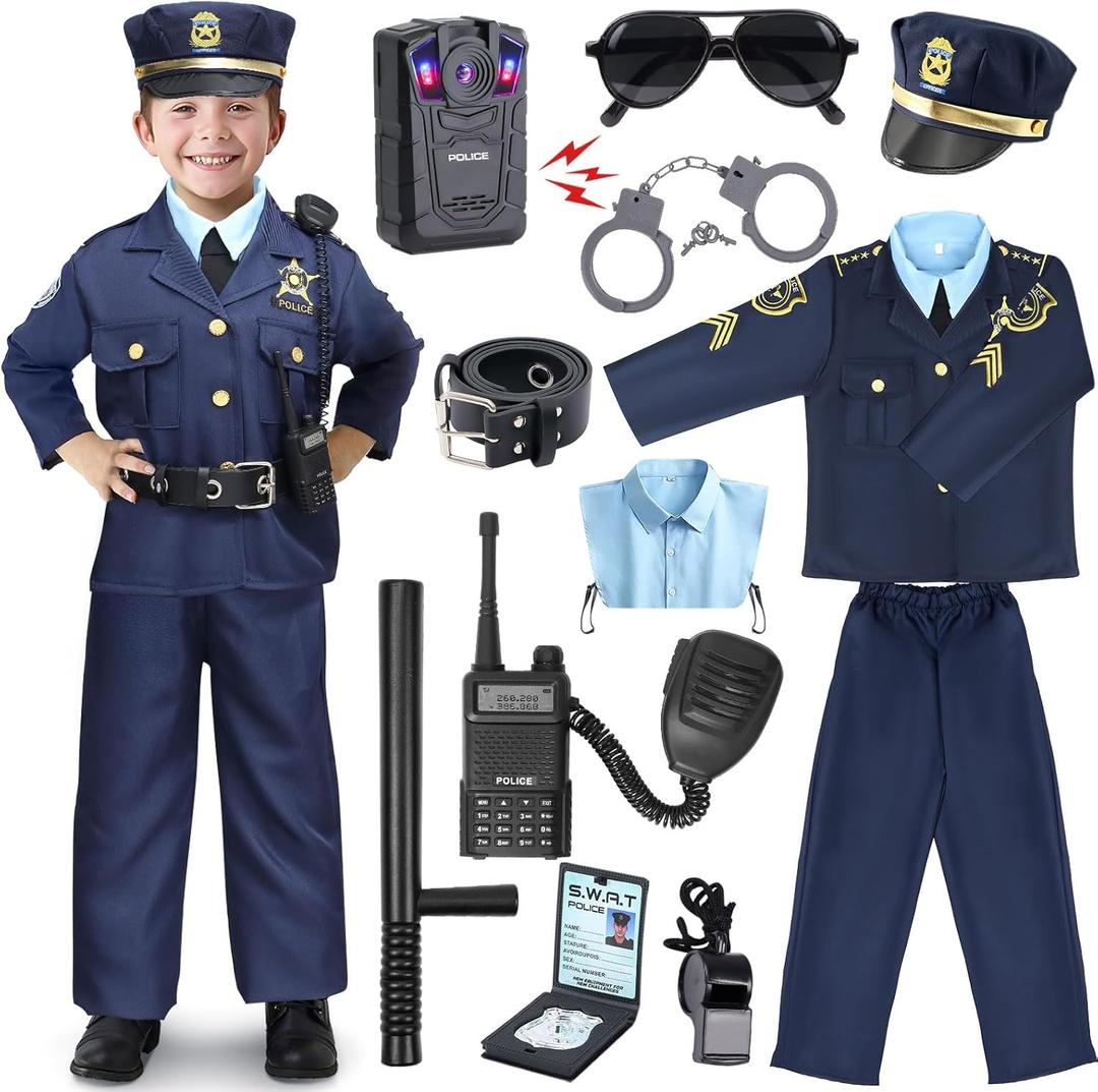 G.C Kids Police Costume Boys Cop Costumes with Shoulder Light Recorder Girls Police Officer Gear Halloween Career Day Gifts (M(8-10Y))