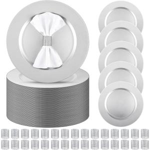 Tanlade 100 Pcs Charger Plates Set Bulk Include 50 Plastic Plate Chargers and 50 Napkin Rings 13" Round for Dinner Table Setting Wedding Baby Shower Decoration(Silver), Simple Style