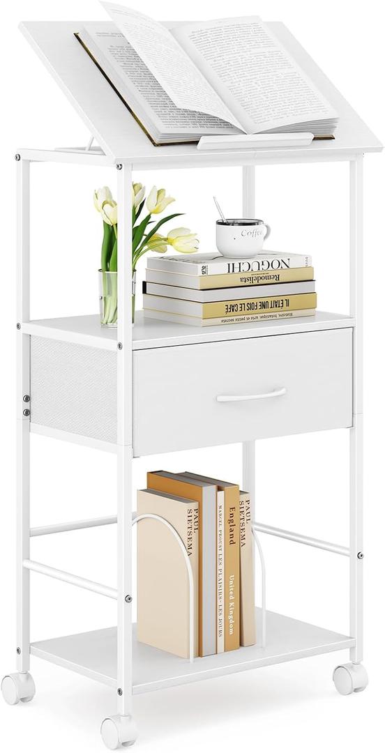 HOMEKOKO 3-Tier Bookshelf with Adjustable Flip Top, Living Room Industrial Movable Bookcase, Rustic Book Shelf with Drawer, Wood-Metal Rustic Bookshelves (White)