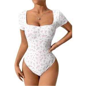 SOLY HUX Bodysuits for Women Floral Print Sweetheart Neck Short Sleeve Ruched Bodysuit T Shirt Tops (Large)