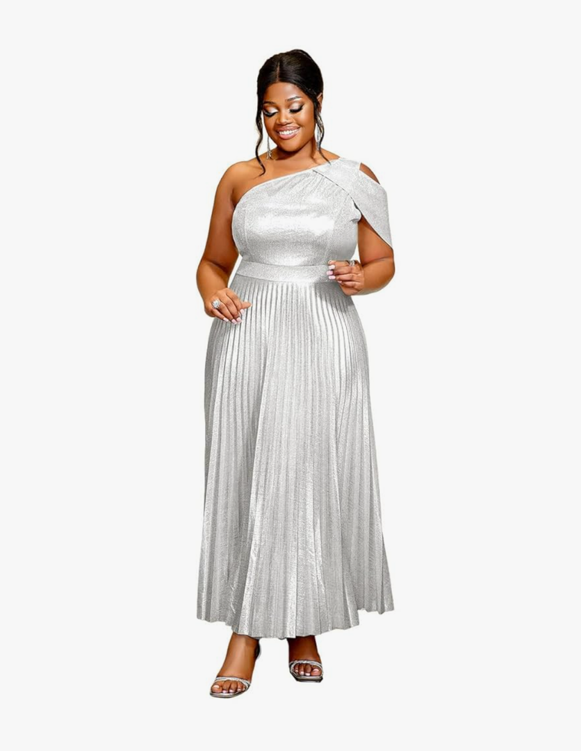 AOMEI Womens Sparkly Metallic Flowy Pleated Dress One Shoulder Empire Waist Long Shimmer Gowns and Evening Dresses 3XL