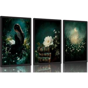 3Pcs Dark Academia Canvas Wall Art Moody Victorian Woman Reading Book Pictures Wall Decor Mystical Gothic Vintage Halloween Posters Prints for Bedroom Living Room Home Decoration (Frameless)