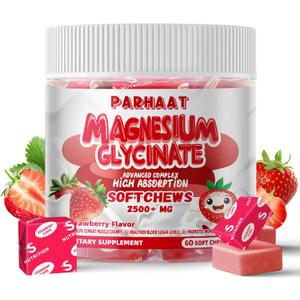 Magnesium Glycinate Soft Chews, Strawberry Flavor.Chewable Sugar Free Potassium Magnesium Chews with Magnesium Glycinate, Vitamin D, B6, and CoQ10 for Calm Support & Sleep for Adults, 60 Days Supply
