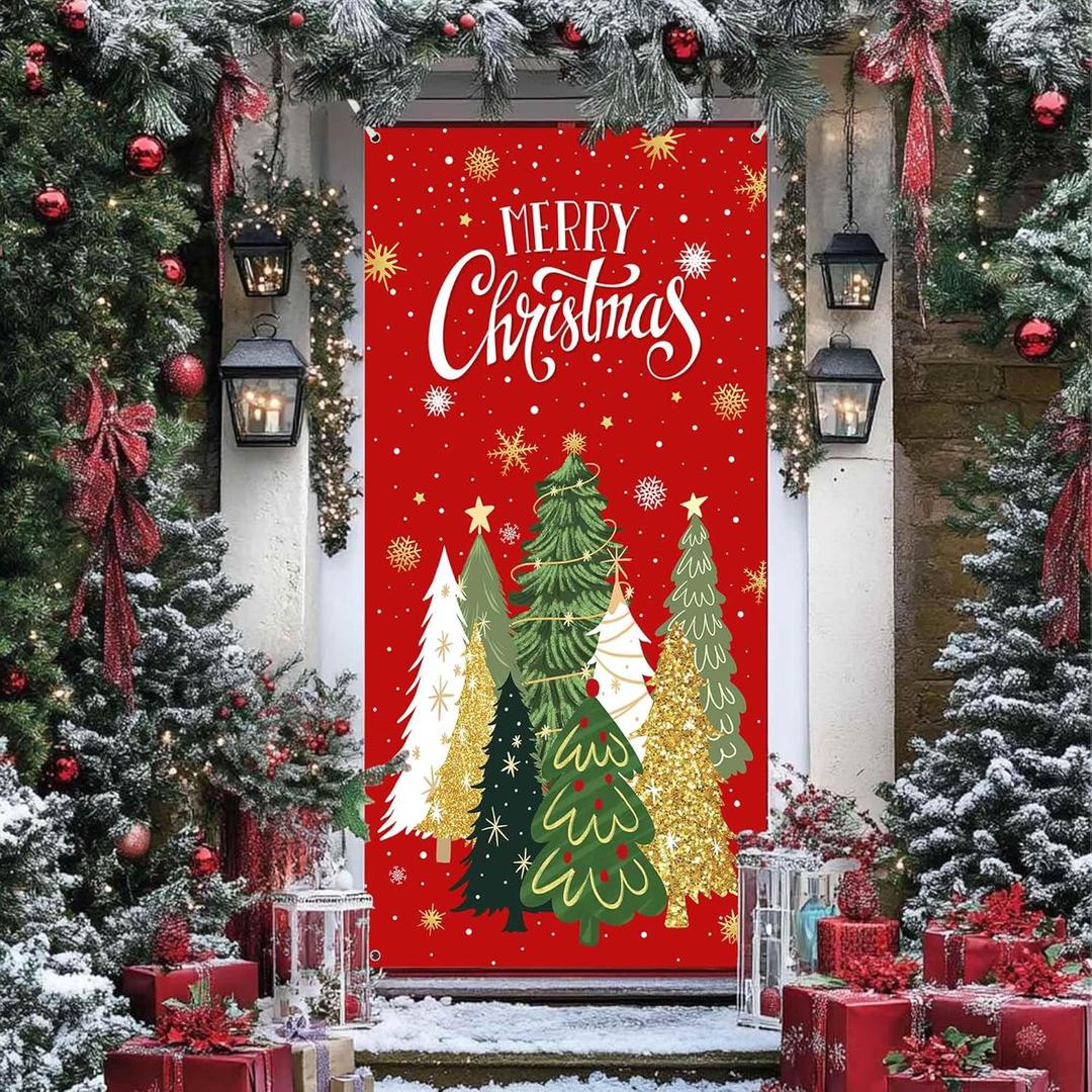 Christmas Door Cover Xmas Tree Snowflake Merry Christmas Front Door Porch Cover Banners for Winter Xmas New Year Holiday Party Decor 70.8 x 35.4 Inch