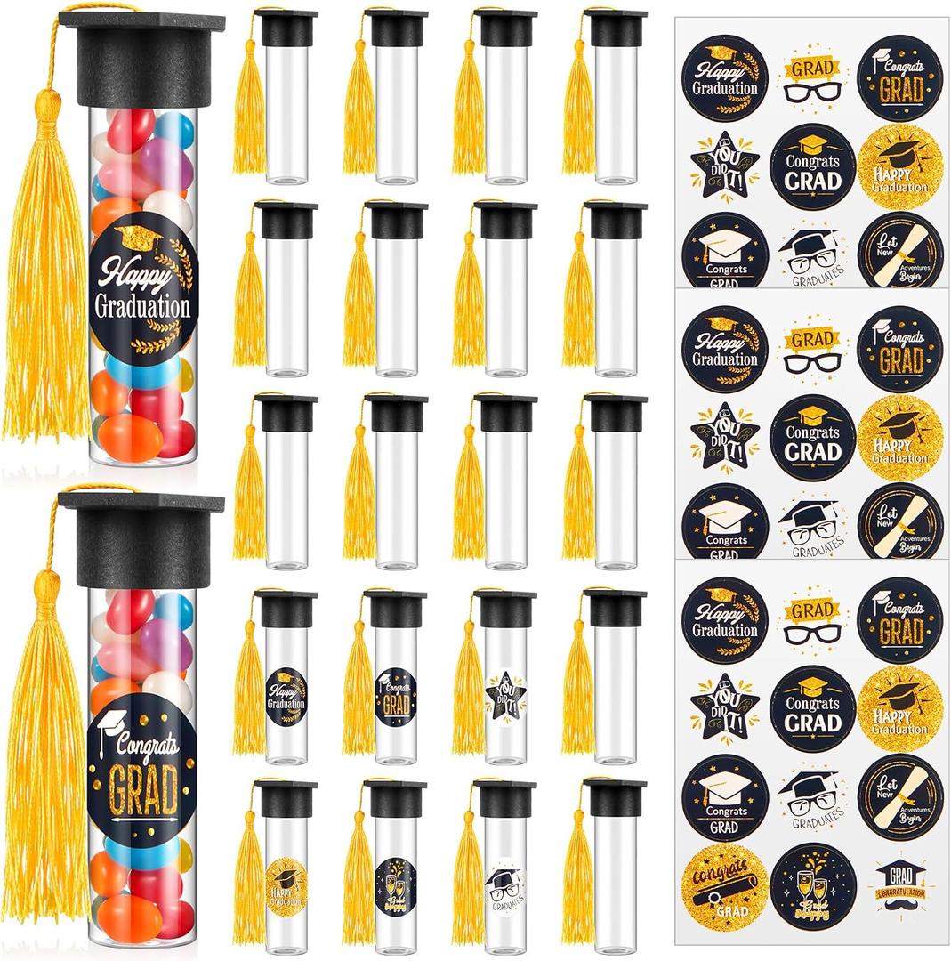 30 Sets 2026 Graduation Candy Tubes Bulk Jars with Label Stickers Graduation Party Favor Gumball Container with Tassel Cap Clear Plastic Test Tubes for DIY Grad Table Party Favors Prize Items (Black)