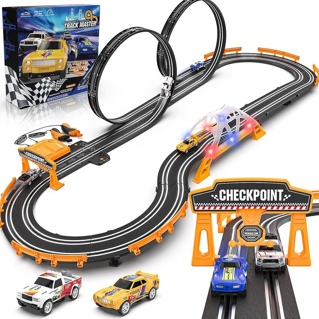 Slot Car Race Track Sets for Boys,Race Car Track with 4 High-Speed Slot Cars,Battery or Electric Car Track,Dual Racing Game Lap Counter Track Sets,Toys Gifts for Boys Girls Ages 4 5 6 7 8-12, 18 FT