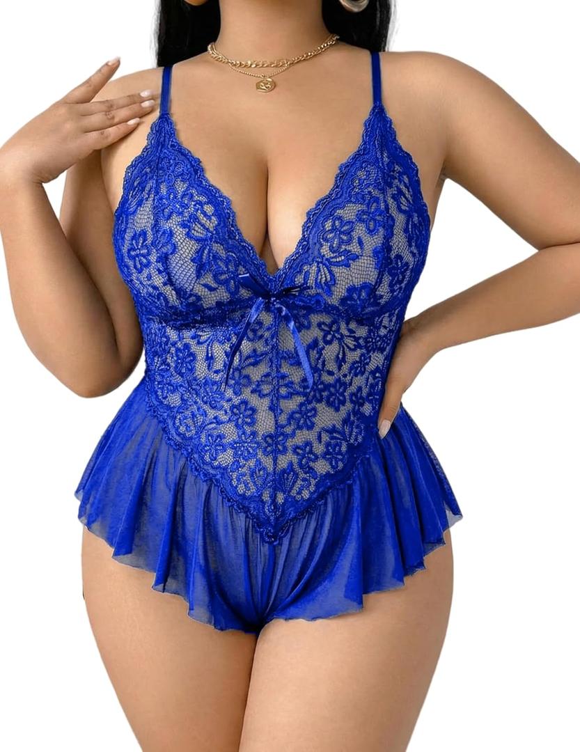 Avidlove Plus Size Lingerie for Women Lace Bodysuit One Piece Teddy Babydoll Mesh Chemise V Neck Sleepwear L-5XL