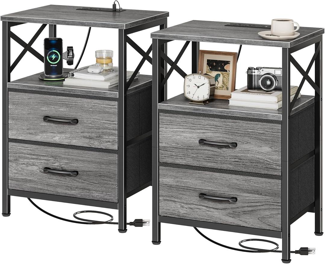 Huuger Nightstands Set of 2, Night Stand with Charger Station, 2 Drawer Side Table with Open Shelf, USB-C Port, End Table for Small Spaces, X Shaped Side Rail, Grey