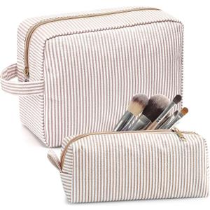 Sanwuta 2 Pcs Makeup Bag Set Seersucker Cosmetic Bag for Women Gifts Mother Girls Cute Stripe Trendy Cosmetic Bags Travel Toiletry Organizer Aesthetic Preppy Storage Pouch for Bridesmaid(Brown)
