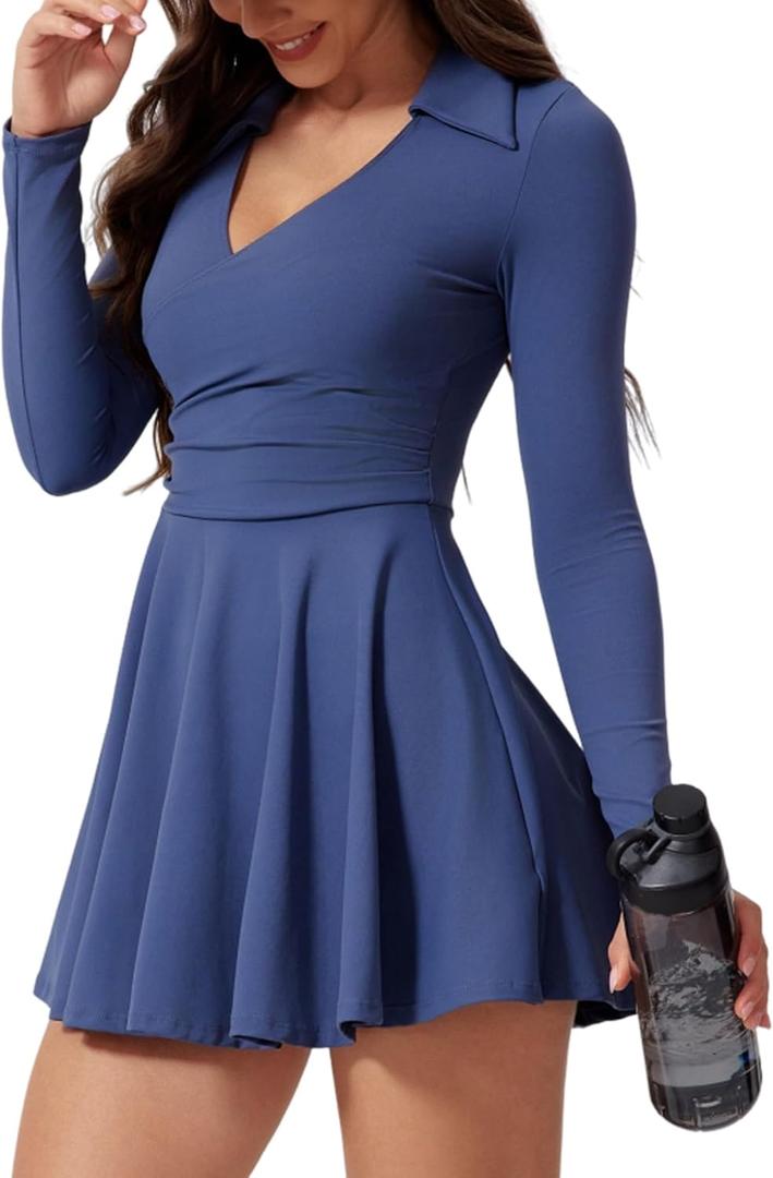 Womens Tennis Dress Polo Collar Long Sleeve A-line Mini Exercise Athletic Dresses with Pockets Shorts (Medium)