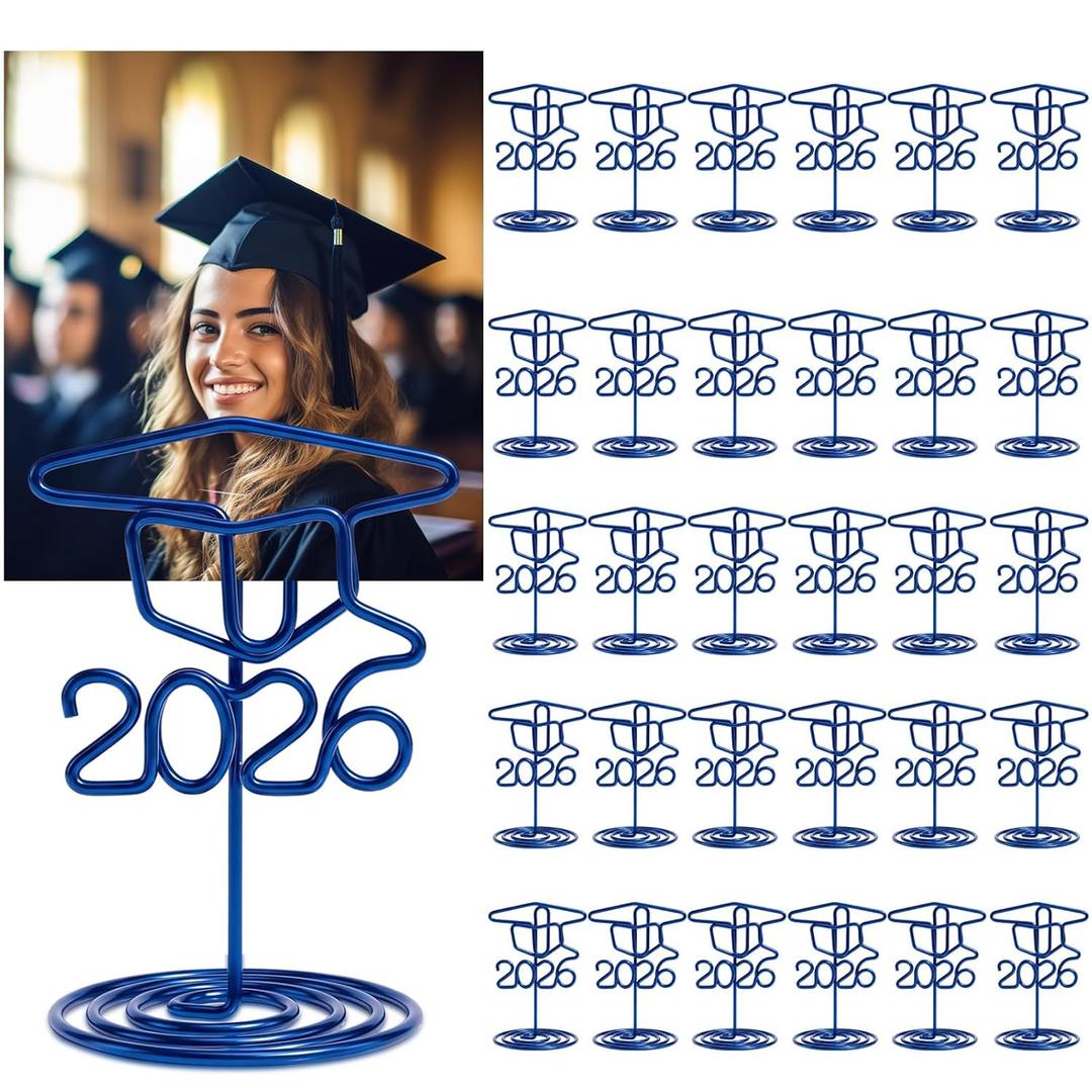 Rtteri 30 Pcs 2026 Grad Cap Graduation Picture Display 2 Inch Blue Photo Holders for Centerpieces Graduation Table Number Holders Card Stands for Class of 2026 Grad Party Supplies