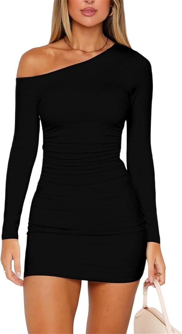 ForeFair Women's Off The Shoulder Long Sleeve Mini Dresses Double Lined Ruched Bodycon Club Party Going Out Outfits (Black, S)