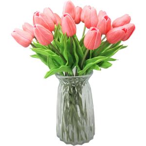 10-Heads Artificial Flowers PU Mini Real Touch Tulip Bouquets for Home Wedding Party Centerpiece Decoration (Gradient Coral)