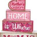 Lineshading 4 Pcs Mothers Day Table Decorations Wooden Pink Heart Decor Happy Mother's Centerpieces Gifts for Mom from Daughter Son Mothers Day Decorations for Home Shelf Indoor Party Decoration