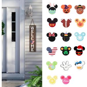 15.7'' Cute Mouse Seasonal Interchangeable Home Sign for Front Porch,18pcs Interchangeable Hanging Vertical Welcome Door Sign for Farmhouse/Wall/Porch Decor and Housewarming Gift
