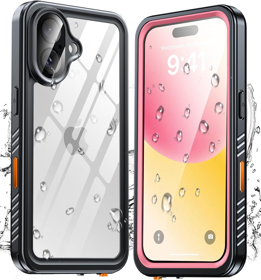 ANTSHARE for iPhone 16 Case, Waterproof Built-in Screen Protector, [12 FT Military Drop Proof] [Full Body Shockproof] [Dustproof] [IP68 Underwater] Phone Case for iPhone 16 6.1''- Pink/Clear