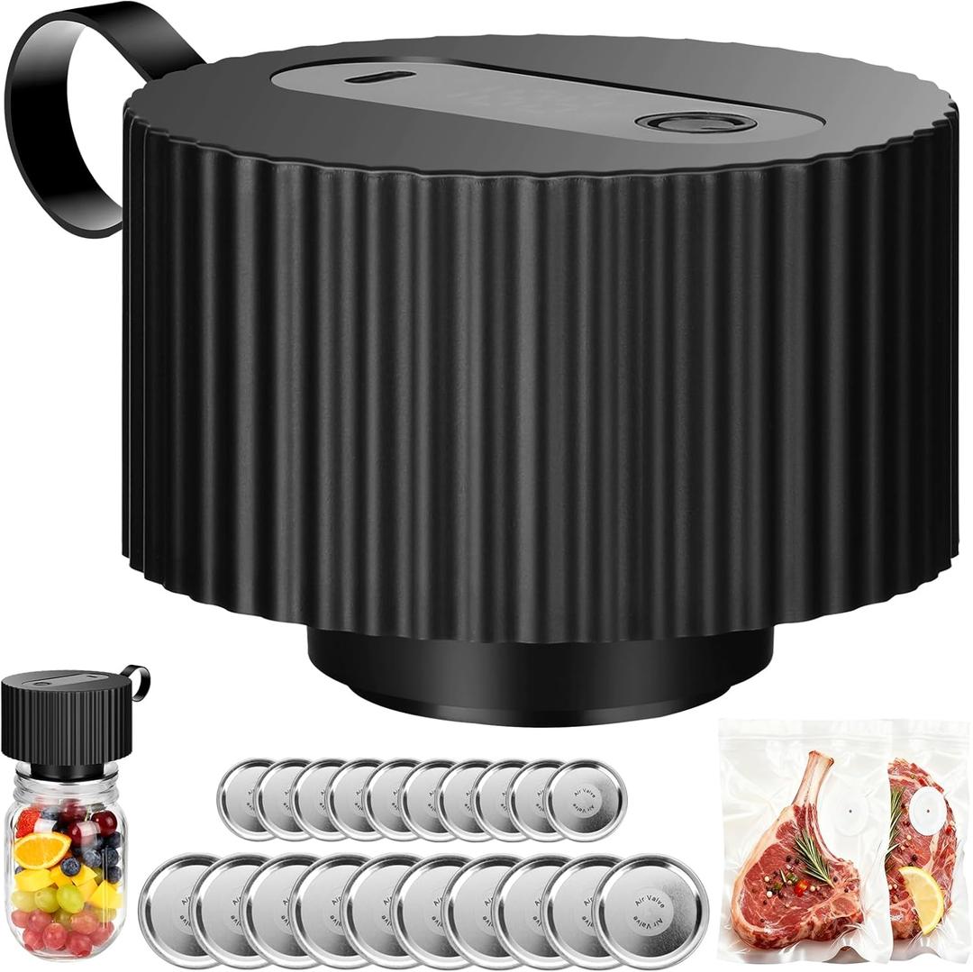 Mason Jar Vacuum Sealer Kit: 40s Auto-Seal Portable Electric Black Food Sealer for Mason Jars Bags Containers - Extend Freshness for Nuts Veggies Meat Coffee Beans Camping Kitchen RV