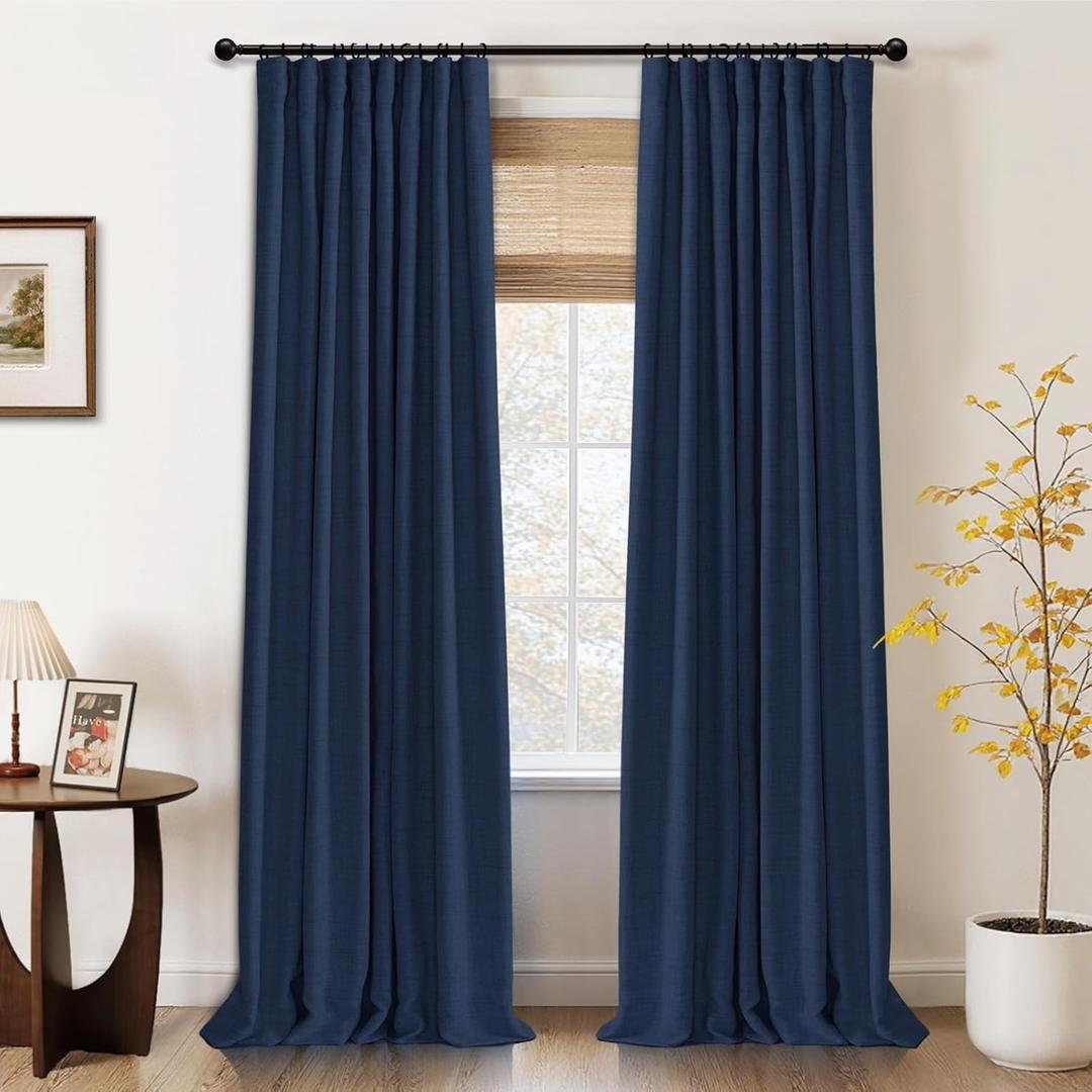 100% Blackout Shield Full Blackout Curtains for Bedroom 96 inch Length 2 Panels Set, Clip Rings/Rod Pocket Faux Linen Black Out Curtains for Living Room, Thermal Insulated, 50Wx96L, Midnight Blue