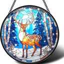 ERMCDFHC Stained Glass Window Hanging, Winter Deer in Forest Round Sun Catchers Glass Panel Suncatcher Decor for Home, 7.8Inch. (013)