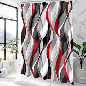 weesire Red and Grey Shower Curtain for Bathroom Red and Black Shower Curtain Fabric Modern Abstract Striped Minimalist Bath Curtains Waterproof Shower Curtains Set, Black Gray Red, 72 x 72 Inch