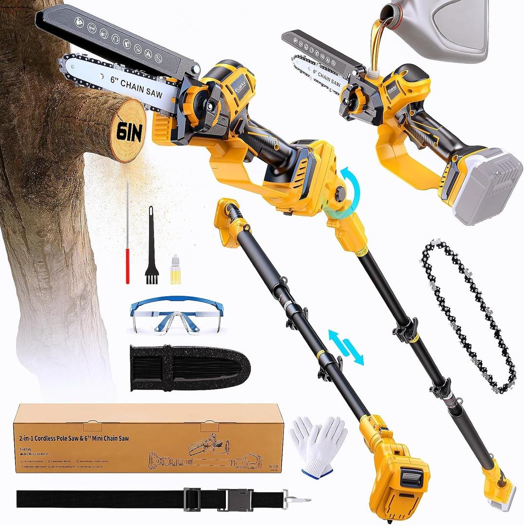 Ecarke 2-in-1 Electric Pole Saw Compatible with Dewalt 20V Battery, 6 Inch Mini Chainsaw Brushless Tree Trimmer with Extension Pole, 16FT Max Total Reach, Tree Saw for Trimming Pruning (Tool Only)