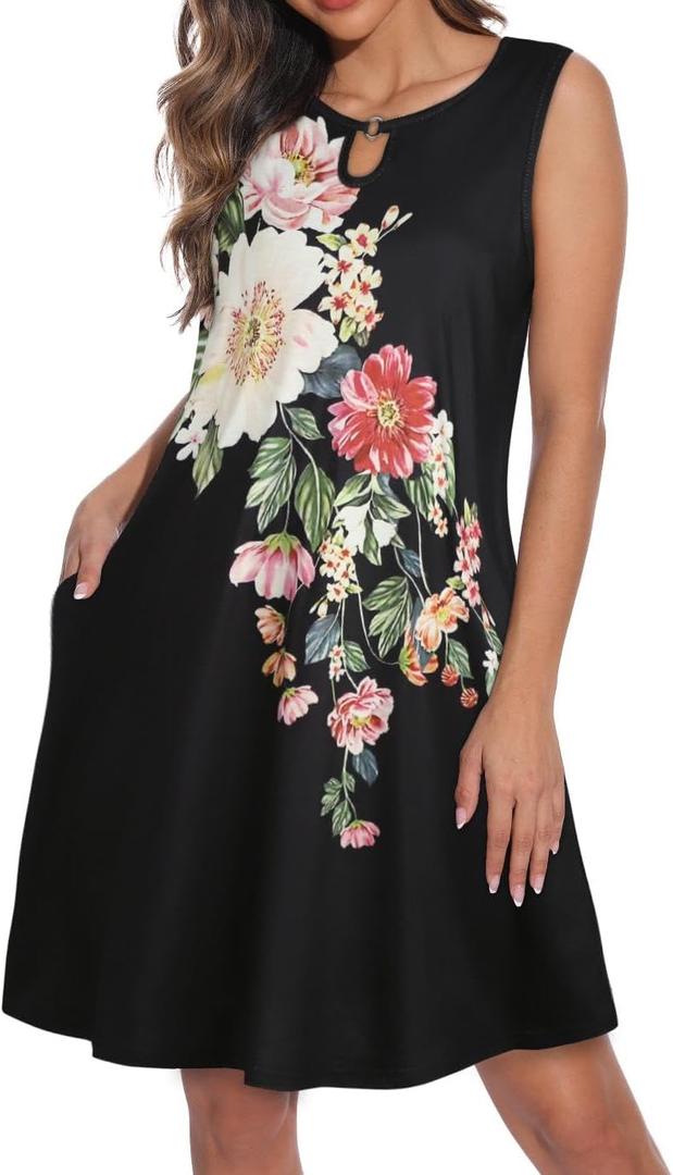 Summer Dresses for Women 2026 Casual Sleeveless Sundress Floral Loose Fit Beach Cover Up with Pocket (Black, S)