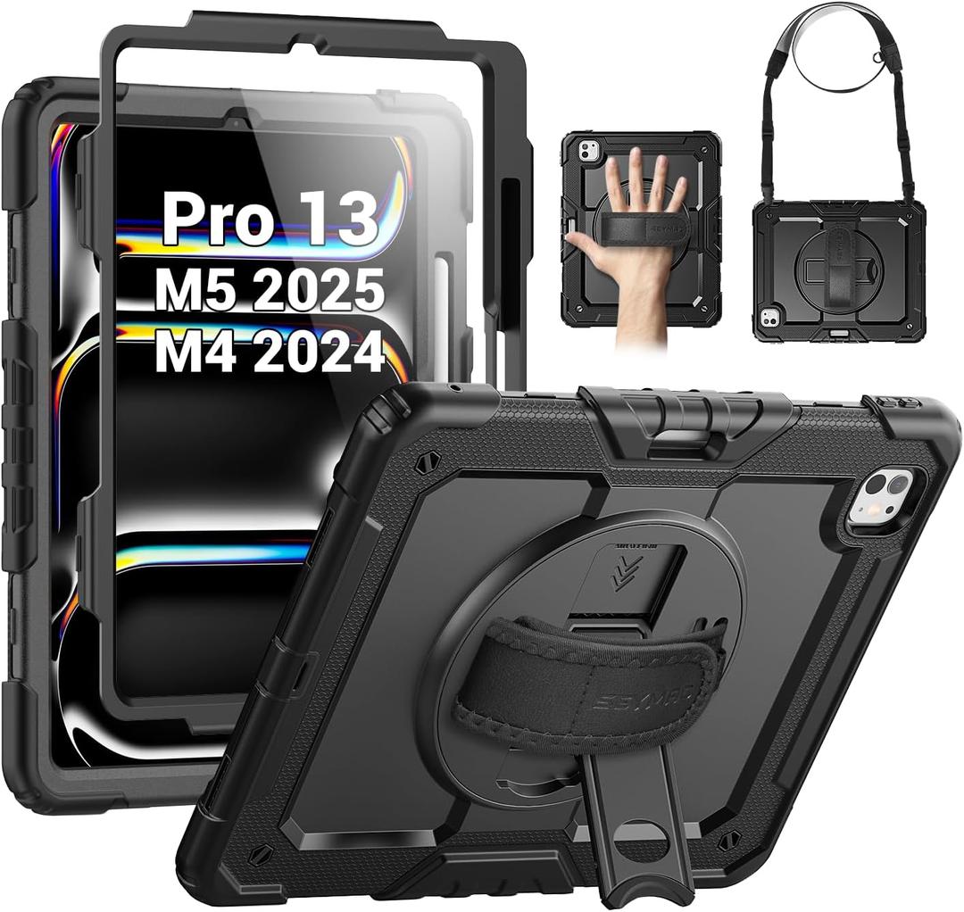 SEYMAC Case for iPad Pro 13 Inch M5 2025 / M4 2024, Heavy Duty Shockproof Protective Case with Screen Protector, 360 Rotating Stand, Hand/Shoulder Strap and Pen Holder, Black