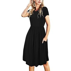 Simier Fariry Womens Summer Pocket Knee Length Teacher Casual Dress Knit Fit Flare Short Sleeve Midi Work Travel Outfits, Medium, Black 
