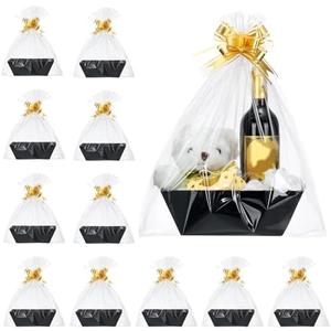 Thenshop 40 Pcs Basket for Gifts Empty Gift Basket Bulk Include 12 Cardboard Tray 12 Plastic Bags and 20 Pull Bows for Christmas Fall Halloween Birthday Wedding Party DIY Wrapping(Solid,Black)