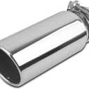 3 inch Inlet Exhaust Tip, 4" Outlet 12" Overall Length Stainless Steel Exhaust Tail Pipe, Clamp-On, Rolled Edge, Slant Sleek Angle Cut, Polished Tailpipe, Silvery