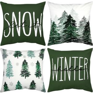 Chuarry Set of 4 Winter Pillow Covers 18 x 18 Inch Green Snowflake Christmas Tree Rustic Soft Throw Pillows Cases Hello Winter Nature Forest Decorative for Couch Bed Sofa Holiday Home Decor