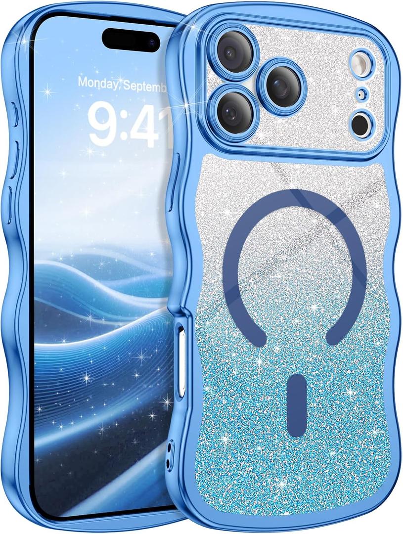 3 x BENTOBEN for iPhone 17 Pro Max Case Clear, [Compatible with MagSafe][Full Camera Protection][Cute Wave Frame][DIY Glitter Cardstock] Electroplated Wavy Shockproof 17ProMax Phone Case 6.9", Sky Blue