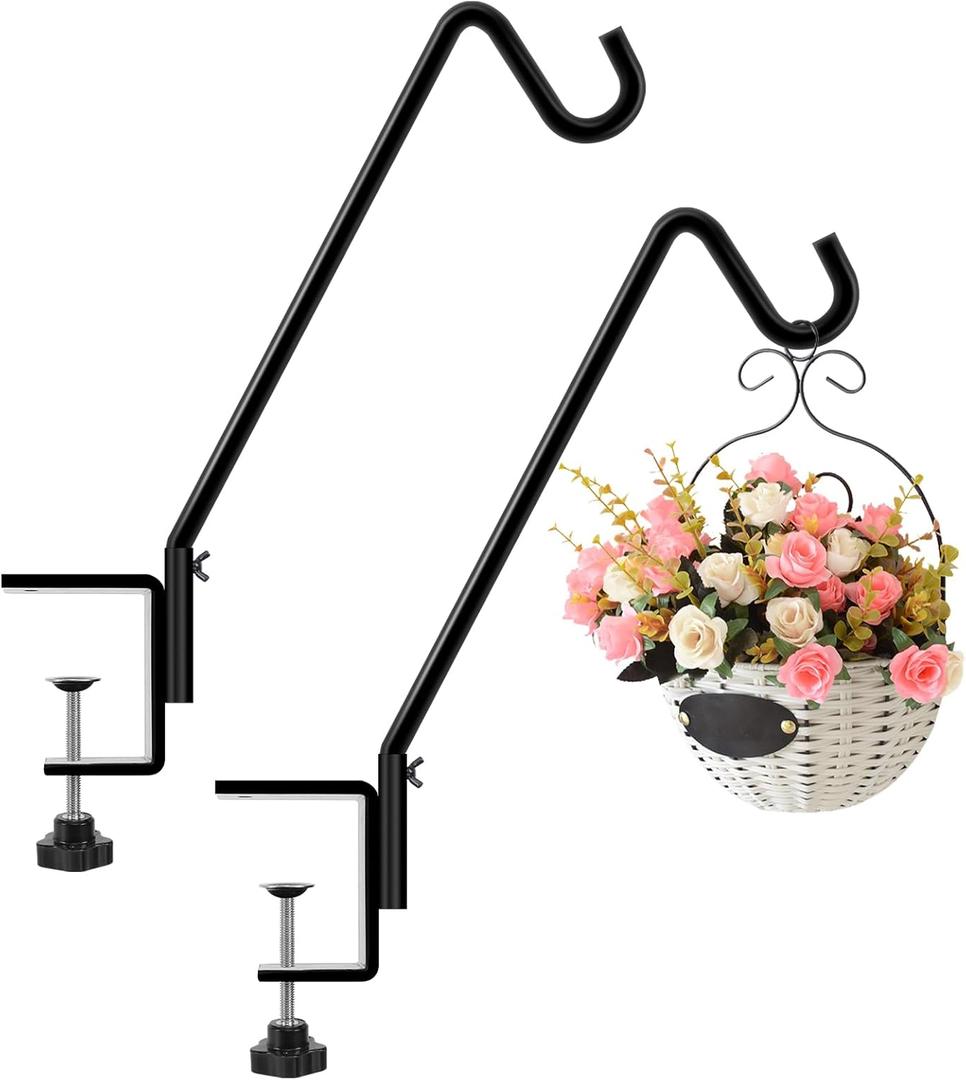 FEED GARDEN 2 Pack 14 Inch Deck Hook,Solid Steel Deck Hangers for Bird Feeders,Lanterns, Flower Basket and Suet Baskets with Clamp,Black