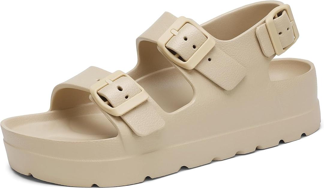 SOSOWHLTE Women's Platform Sandals with Arch Support - 3 Adjustable Straps Summer Beach Sandals, Lightweight & Slip-Resistant (9, Beige)