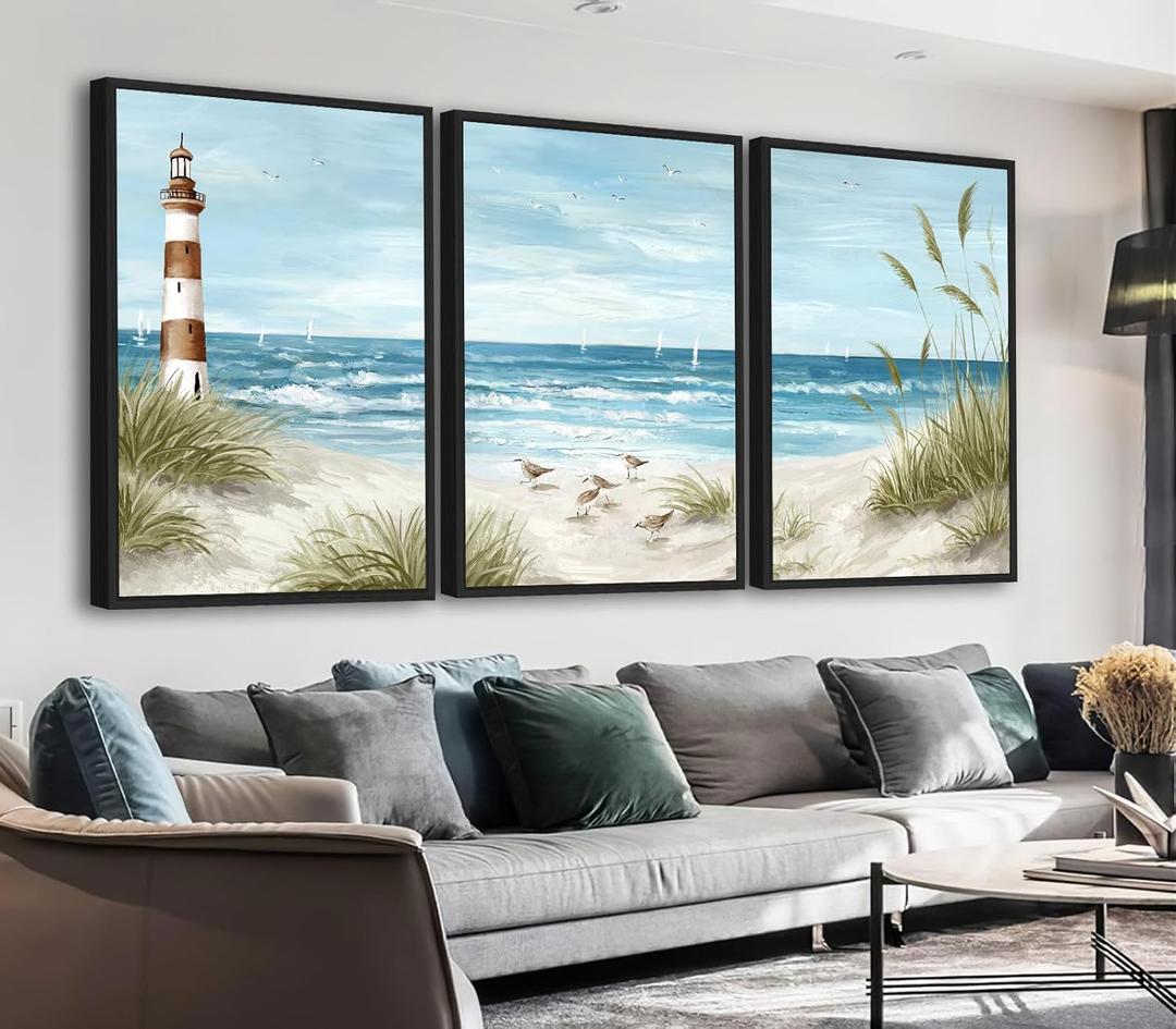 Large Framed Coastal Wall Art - Summer Beach Lanscape Wall Decor Painting 24"x36" Set of 3 Seabird Lighthouse Prints Ocean Waves Canvas Pictures for Living Room Bedroom Office Artwork (Blue)