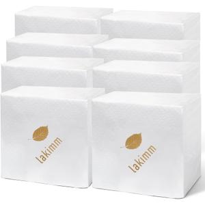 [400 Count - 5 x 5 Inch Folded] Fashion Cocktail Napkins, Dessert, Beverage Disposable Napkins, 3-Ply, Bulk White Napkins, Wedding, Bar, Restaurant or Party Napkins - 10x10 Inch Unfolded (Gold)