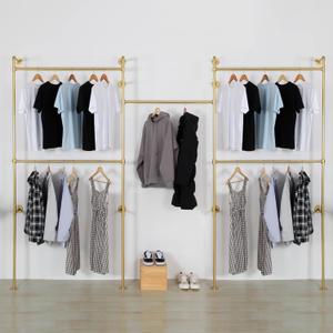 Industrial Pipe Clothing Rack Wall Mounted 5 Hanging Rods Garment Bar, Heavy Duty Closet Storage Rod Vintage Commercial Clothes Racks for Hallway Retail Boutique (Gold)