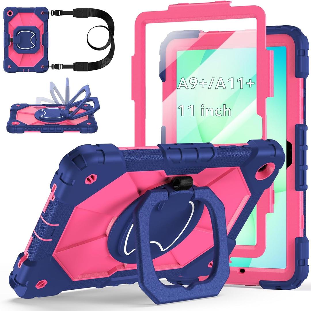 Case for Samsung Galaxy Tab A11+ Plus/A9+ Plus 11-Inch 2025/2023, Auorld Rugged Case for Samsung Galaxy A9+/A11+ Tablet with Screen Protector 360 Rotating Stand Shoulder Strap Pen Holder, Navy Pink
