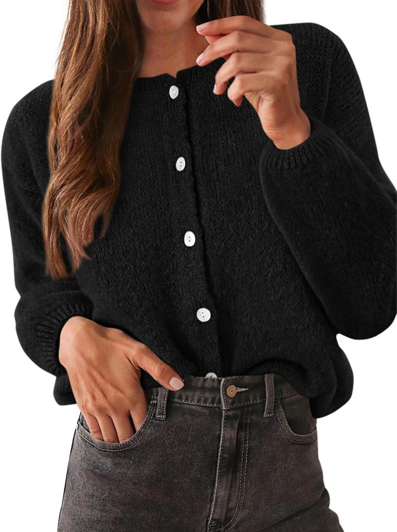 KIRUNDO Womens Cardigans Casual Loose Button Up Long Sleeve Crewneck Knit Cardigan Sweaters Open Front Outerwear Coats (Small, Black)