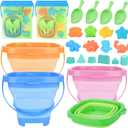 4 Packs Foldable Beach Buckets Set, Collapsible Bucket with Sand Shovels and Mesh Bag for Kids Toddlers Beach Toys, Silicone Sand Pails, Easter Egg Hunt, Camping, Travelling and Fishing Water Pail