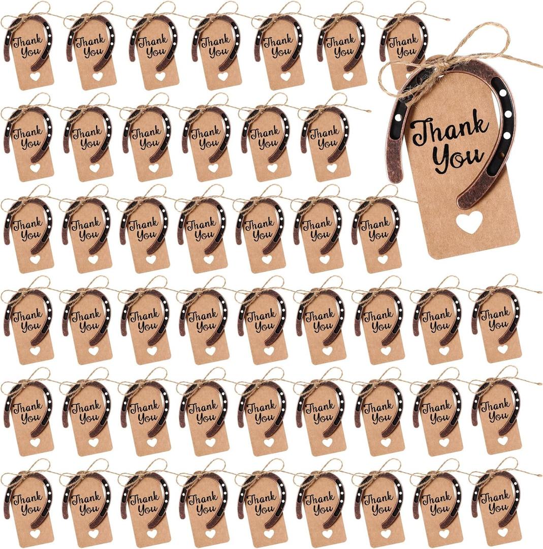 Leinuosen 48 Pcs Good Lucky Horseshoe with Thank You Kraft Tags and Rope, Western Rustic Horseshoe Charms, Metal Horse Gifts for Vintage Wedding Birthday Cowboy Cowgirl Party Favors