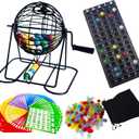 Yuanhe Deluxe Bingo Game Set - Metal Round Cage, 75 Colored Balls, 50 Bingo Cards, 300 Mixed Chips and Master Board for Large Groups, Parties