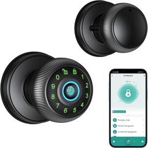 Fingerprint Door Lock - Smart Door Knob with Passcode Keypad, Finger Print Biometric Door Knobs & App Control, Keyless Smart Door Lock for Apartment Bedroom Hotel Office (Black)