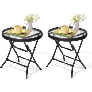 2 Pieces Outdoor Side Table - Small Patio End Table All Weather, Patio Furniture Sets and Outside Furniture for Pool, Balcony, Deck, Porch, Black, Round*2